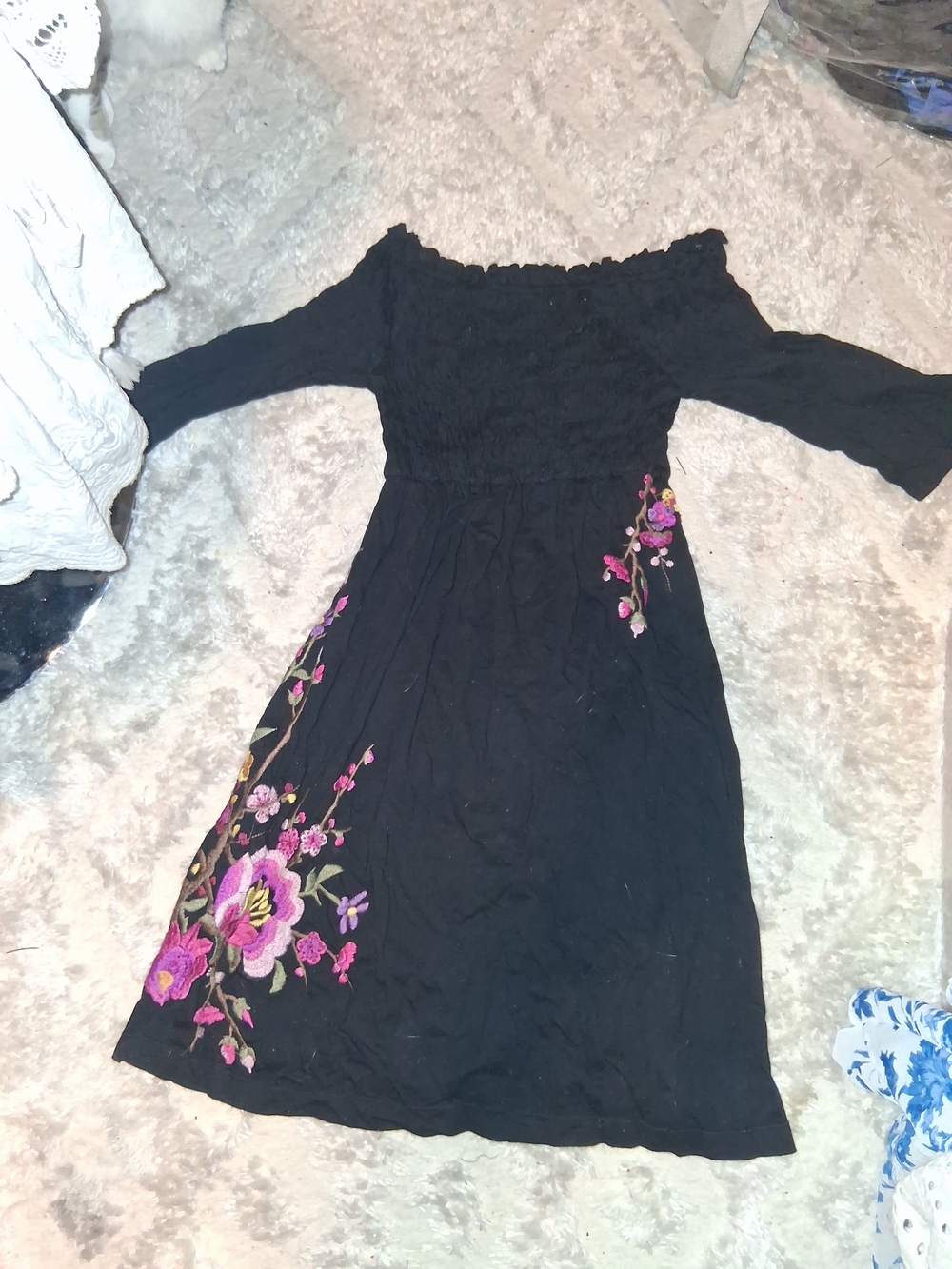 Black Off-Shoulder Mini Dress with Pink Floral Embroidery